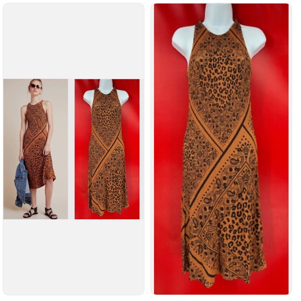 FARM RIO for Anthropologie Waffle Knit Alyse Midi Dress Orange Black Brown Small